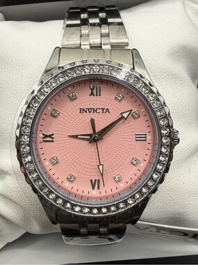 Invicta Silver Stainless Steel Watch with Pink Dial and Crystal Bezel